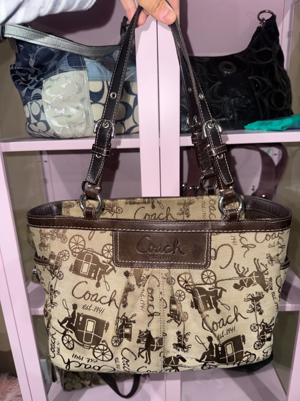 Coach Brown & Beige Signature Canvas Tote vintage coach carriage horse purse